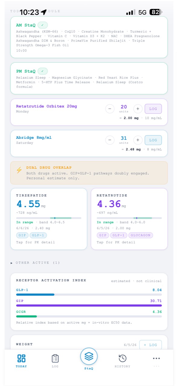 StaQ Today screen with due items and one-tap log buttons